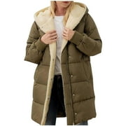 SEAOPEN Deals Women Winter Coats Fleece Long Coats Jackets Oversized Warm Down Jacket with Hood Clearance Sale Army Green,XXL