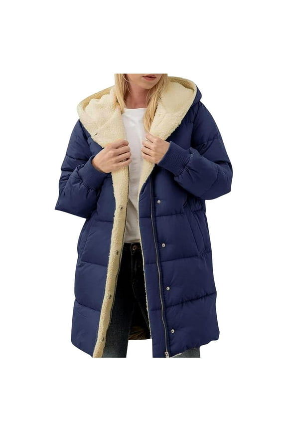 Women Winter Coats Fleece Long Coats Jackets Oversized Warm Down Jacket with Hood Today Navy,L