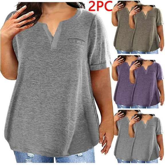 SEAOPEN Women's 2 Pack T-Shirts Short Sleeve Tops Summer Casual Blouse V Neck Basic Shirt Loose Fit Tees Today Gray,XL