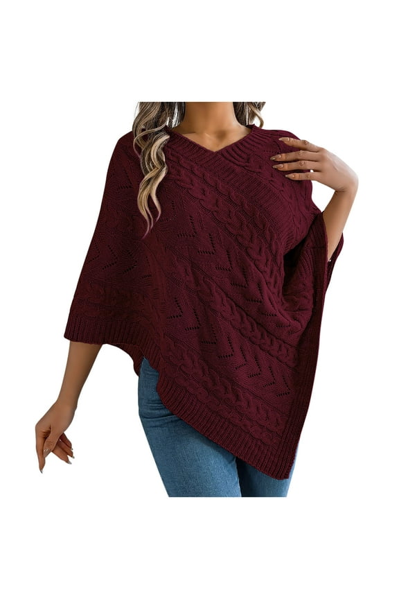 Women's 2024 Fall Winter Turtleneck Poncho Sweater Fashion Chunky Knit Cape Wrap Sweaters Pullover Jumper Tops under $10.00 Wine,M