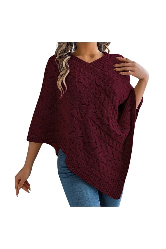 Women's 2024 Fall Winter Turtleneck Poncho Sweater Fashion Chunky Knit Cape Wrap Sweaters Pullover Jumper Tops under 10 Wine,S