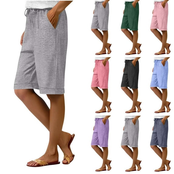 SEAOPEN Women's Bermuda Long Shorts with Pockets High Waisted Stretch Knee Length Shorts for Women Summer Walking under $10.00 XL Purple