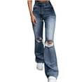 thumbnail image 1 of SEAOPEN Women's Ripped Jeans Bell Bottom Flare Jeans Mid Rise Destroyed Hem Denim Pants Blue,XXL, 1 of 6