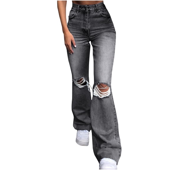 SEAOPEN Women's Ripped Jeans Bell Bottom Flare Jeans Mid Rise Destroyed Hem Denim Pants Dark Gray,XL