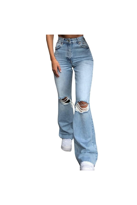 Women's Ripped Jeans Bell Bottom Flare Jeans Mid Rise Destroyed Hem Denim Pants Today Sales Light Blue,XL