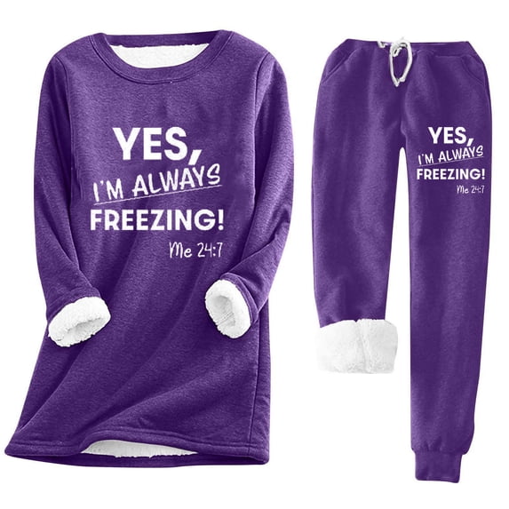 SEAOPEN Women's Round Neck Pocket with Thickened Plush Insulation Long Sleeved Top and Plush Pants Set Tunic Sweaters for Leggings for Women Today Purple,S