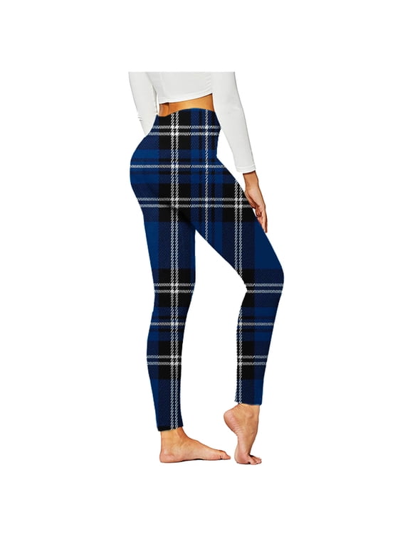 Women's Stretchy Plaid Print Pants Soft Skinny Regular Fashion Leggings Today Blue,S