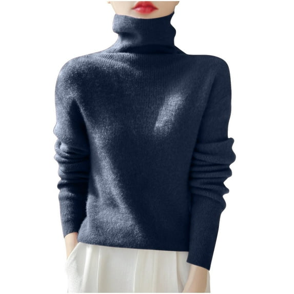 SEAOPEN Deals Women's Turtleneck Knit Pullover Long Sleeve Casual Oversized Curved Hemline Sweater Tops Dark Blue,M