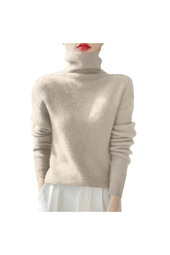 Women's Turtleneck Knit Pullover Long Sleeve Casual Oversized Curved Hemline Sweater Tops Beige,M