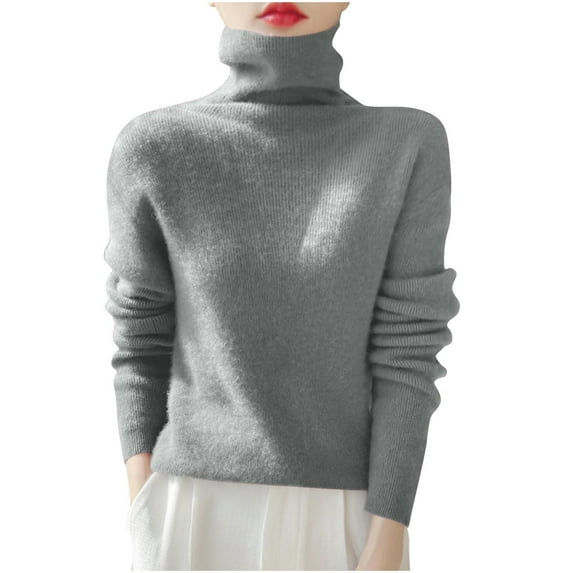 SEAOPEN Women's Turtleneck Knit Pullover Long Sleeve Casual Oversized Curved Hemline Sweater Tops Gray,XXL