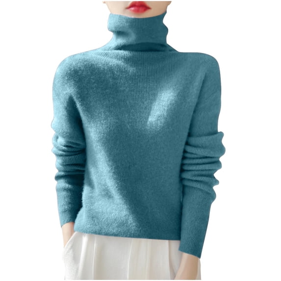 SEAOPEN Women's Turtleneck Knit Pullover Long Sleeve Casual Oversized Curved Hemline Sweater Tops Sky Blue,M