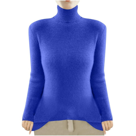 SEAOPEN Women's Turtleneck Knit Pullover Long Sleeve Casual Oversized Curved Hemline Sweater Tops Today Blue,M