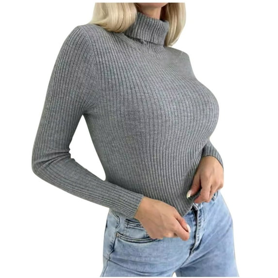 SEAOPEN Women's Turtleneck Sweater Long Sleeve Ribbed Fitted Turtle Neck Casual Fall Fashion Basic Layering Knit Top Gray,L