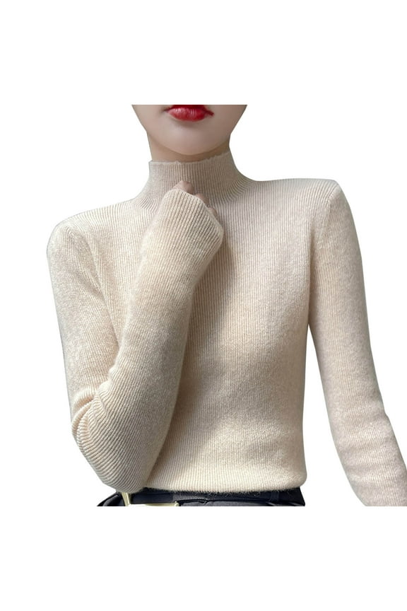 Women's Turtleneck Sweater Long Sleeve Ribbed Fitted Turtle Neck Casual Fall Fashion Basic Layering Knit Top Beige,M