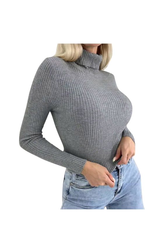 Women's Turtleneck Sweater Long Sleeve Ribbed Fitted Turtle Neck Casual Fall Fashion Basic Layering Knit Top Gray,M