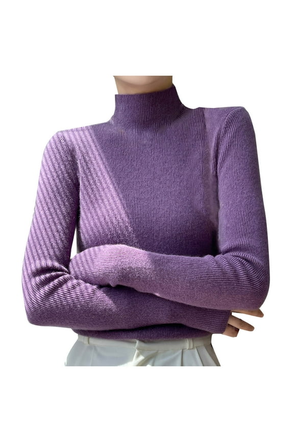 Women's Turtleneck Sweater Long Sleeve Ribbed Fitted Turtle Neck Casual Fall Fashion Basic Layering Knit Top Purple,XL