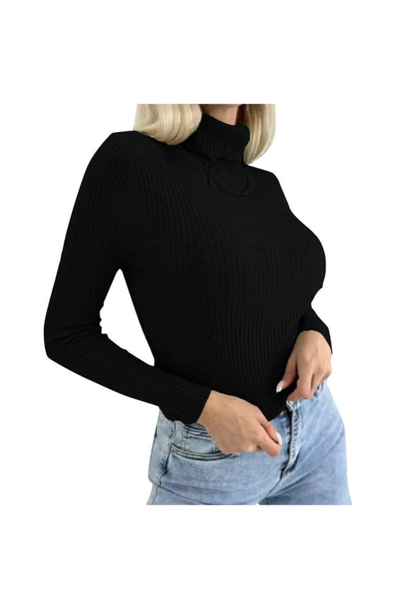 Women's Turtleneck Sweater Long Sleeve Ribbed Fitted Turtle Neck Casual Fall Fashion Basic Layering Knit Top Black,L