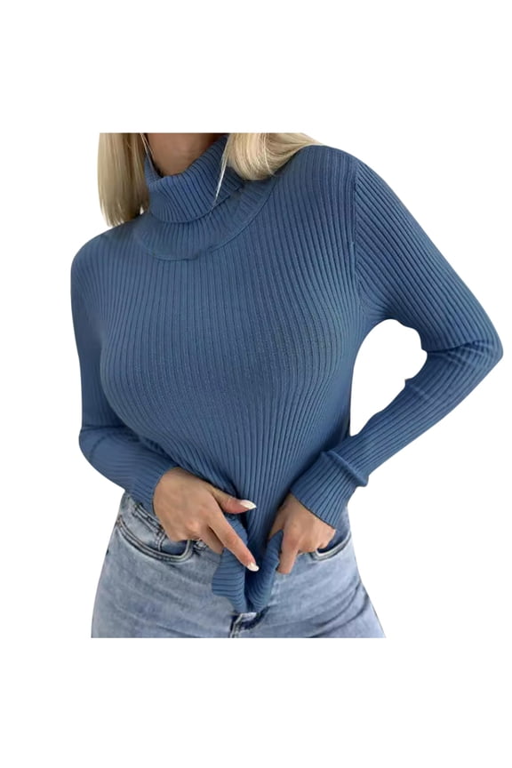 Women's Turtleneck Sweater Long Sleeve Ribbed Fitted Turtle Neck Casual Fall Fashion Basic Layering Knit Top Blue,L
