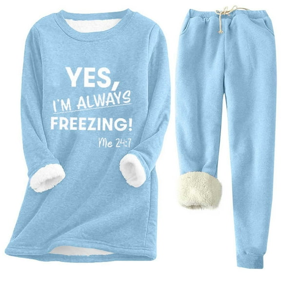 SEAOPEN Women's Winter Warm Sherpa Lined Fleece Sweatshirt Crewneck Sport Pullover Loungewear Tops and Lined Pants Sets Light Blue,XXL