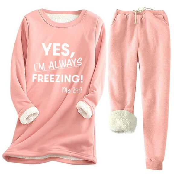 SEAOPEN Women's Winter Warm Sherpa Lined Fleece Sweatshirt Crewneck Sport Pullover Loungewear Tops and Lined Pants Sets Pink,M