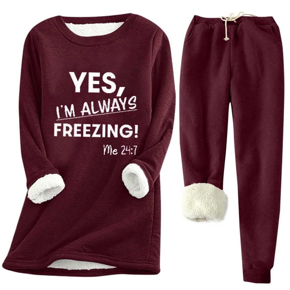 SEAOPEN Women's Winter Warm Sherpa Lined Fleece Sweatshirt Crewneck Sport Pullover Loungewear Tops and Lined Pants Sets Today Wine,XXL