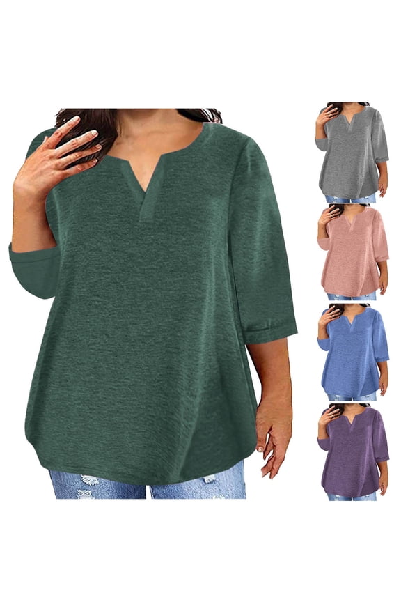 Womens 3/4 Length Sleeve Tops V Neck Shirts Casual Basic Tee Work Blouses Tunic Spring Summer 2025 Top Today Pink,4XL