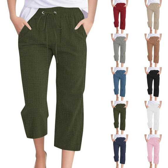 SEAOPEN Womens Capri Pants High Waisted Wide Leg Lounge Linen Pant Drawstring Causal Palazzo Trousers with Pockets under 10 dollars Blue,M