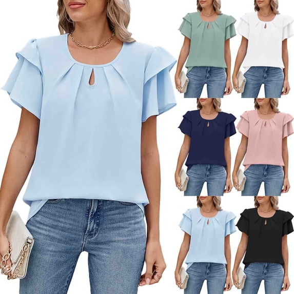 SEAOPEN Womens Dressy Chiffon Blouses Summer Puff Petal Short Sleeve Shirts Crewneck Casual Work Tops Pink,L