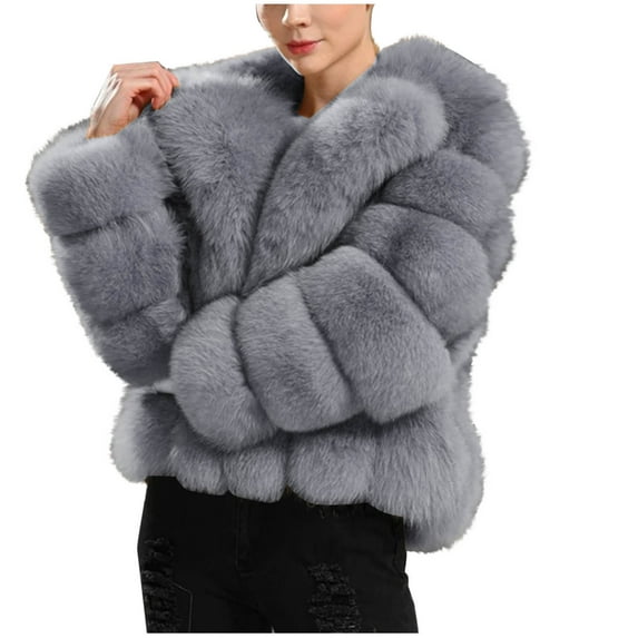 SEAOPEN Womens Faux Fur Coat Fleece Cropped Jacket Long Sleeve Fur Coats Warm Winter Jackets 2024 Today Sales Gray,L