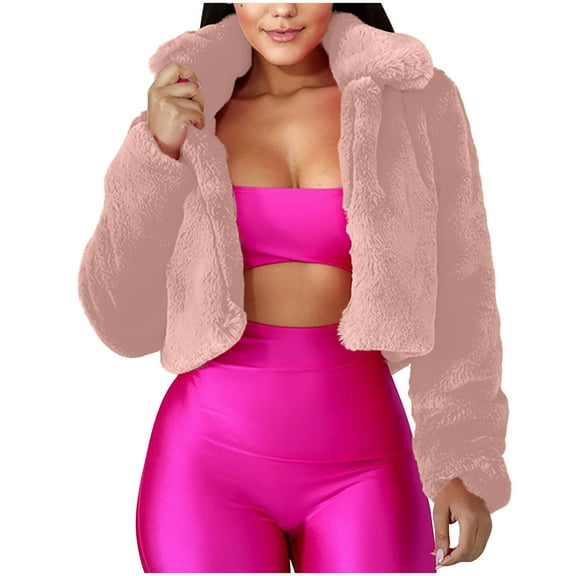 SEAOPEN Womens Faux Fur Coat Fleece Cropped Jacket Long Sleeve Fur Coats Warm Winter Jackets Pink,S