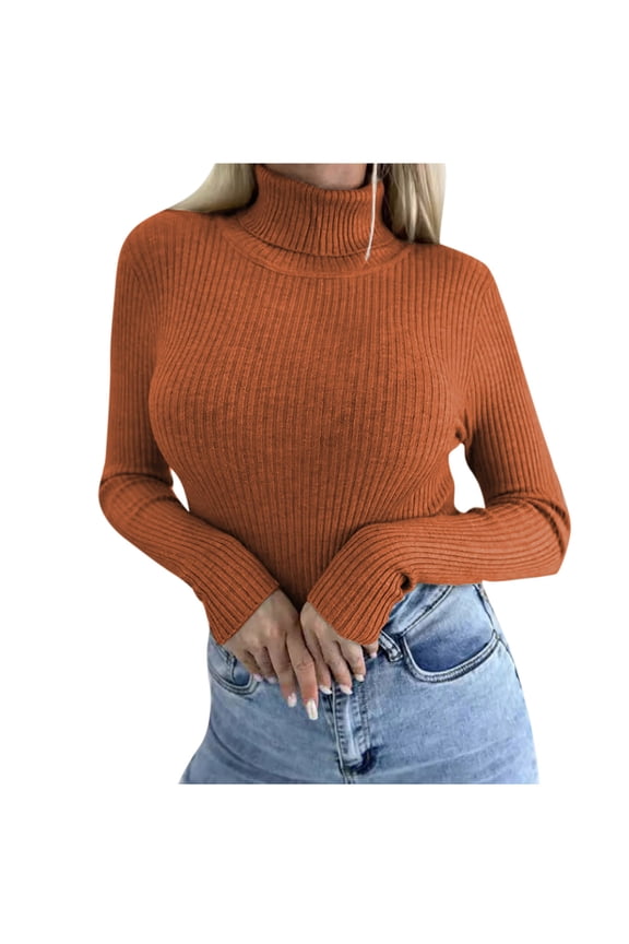 Womens Long Sleeve Turtleneck Tops Ribbed Thermal Underwear Shirt Slim Fit Fall Pullover Sweater Orange,M