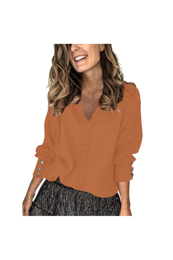 Womens Long Sleeve V Neck Lace Panel Pointelle Knit Sweater Pullovers Outerwear Today Sales Brown,XXXXL