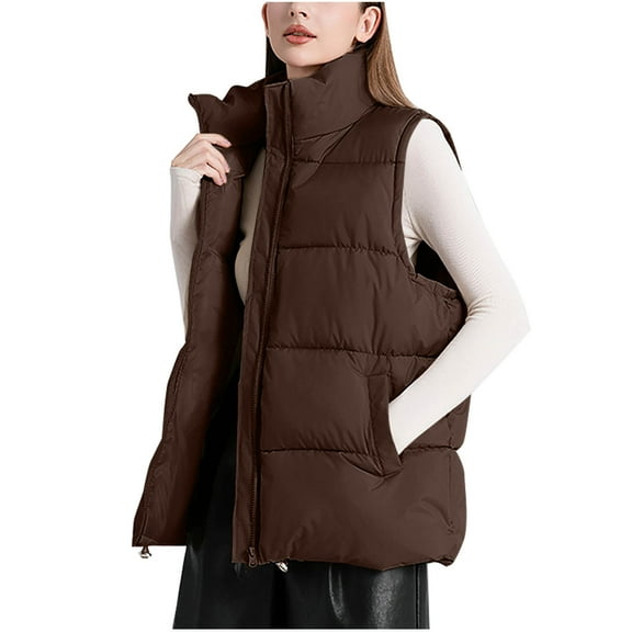 SEAOPEN Womens Oversized Puffer Vest Stand Collar Full Zip Sleeveless Bubble Puffer Vest Quilted Padded Warm Coat Outwear Coffee,XXL