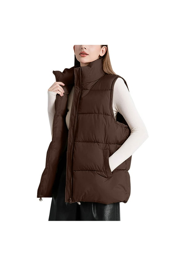 Womens Oversized Puffer Vest Stand Collar Full Zip Sleeveless Bubble Puffer Vest Quilted Padded Warm Coat Outwear Coffee,XXL