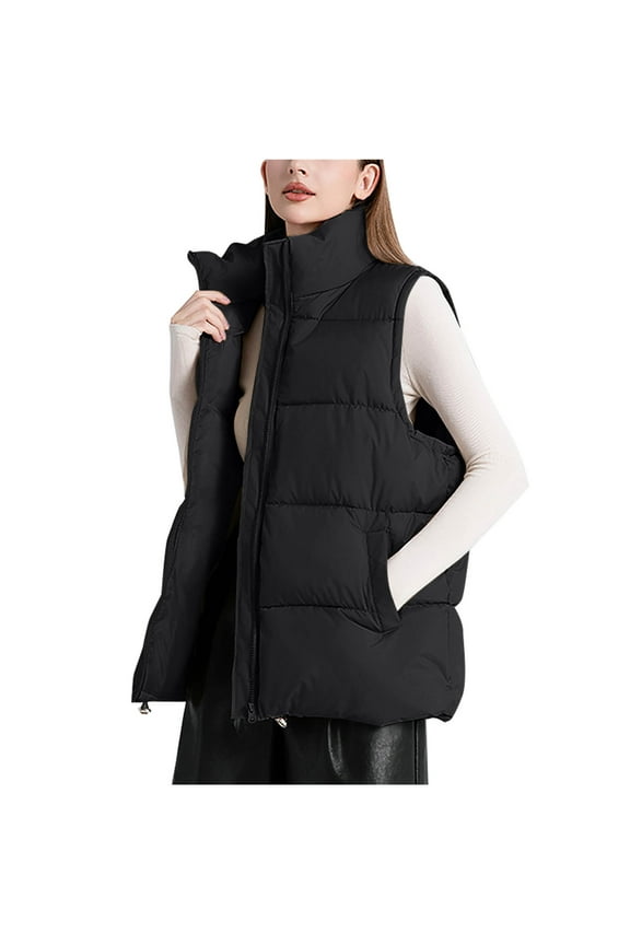Womens Oversized Puffer Vest Stand Collar Full Zip Sleeveless Bubble Puffer Vest Quilted Padded Warm Coat Outwear Black,L