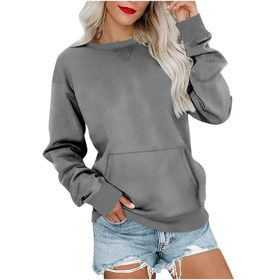 SEAOPEN Womens Oversized Sweatshirt Casual Long Sleeve Crewneck Hoodie Solid Pullover Lightweight Loose Tops with Pocket Gray,L