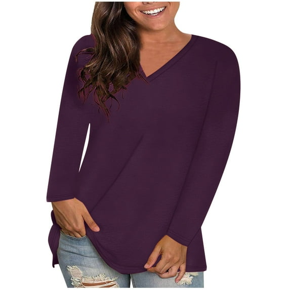 SEAOPEN Womens Plus Size V Neck T Shirts Long Sleeve Tops Casual Loose Fit Soft Basic Tees 2024 Daily Leisure Tunic Blouse Today Purple,XXL