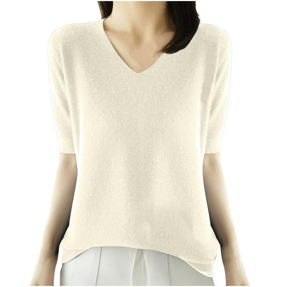 SEAOPEN Womens Puff Short Sleeve Sweater Crew Neck Pullover Tops Ribbed Knit Sweater Blouse White,L