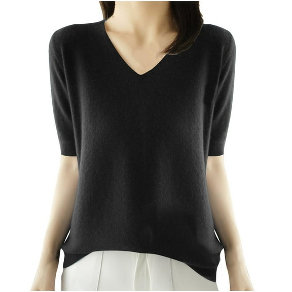 SEAOPEN Womens Puff Short Sleeve Sweater Crew Neck Pullover Tops Ribbed Knit Sweater Blouse Black,M