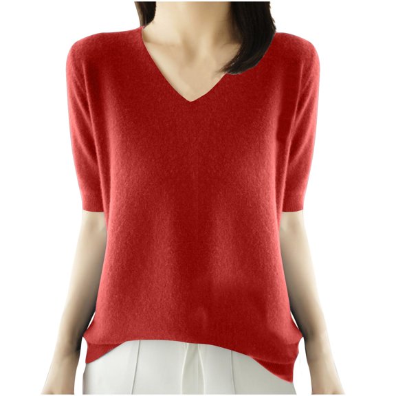 SEAOPEN Womens Puff Short Sleeve Sweater Crew Neck Pullover Tops Ribbed Knit Sweater Blouse Red,XL