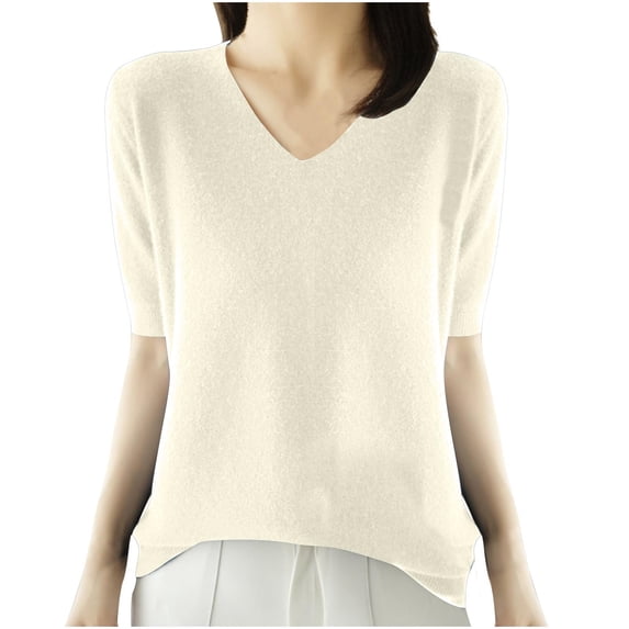 SEAOPEN Womens Puff Short Sleeve Sweater Crew Neck Pullover Tops Ribbed Knit Sweater Blouse White,XL