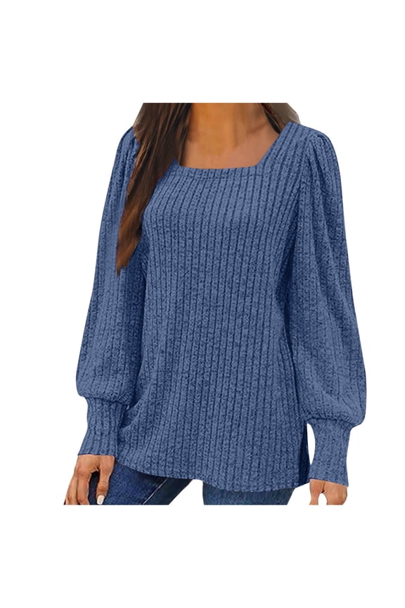 Womens Puff Short Sleeve Sweater Crew Neck Pullover Tops Ribbed Knit Sweater Blouse under 10 dollars Blue,XXL