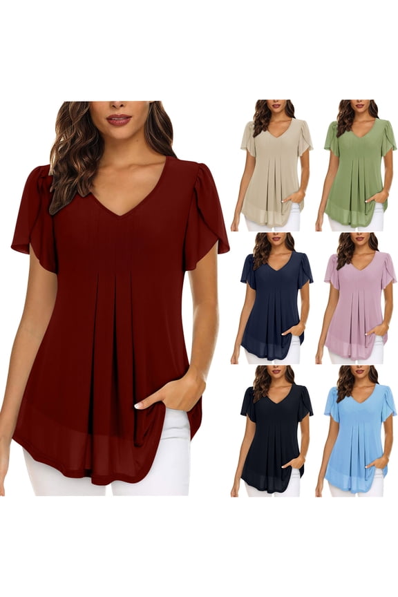 Womens Ruffle Short Sleeve Mesh Blouses Casual Pleated Tops Loose Flowy Tunics Summer Shirts Light Blue,2XL