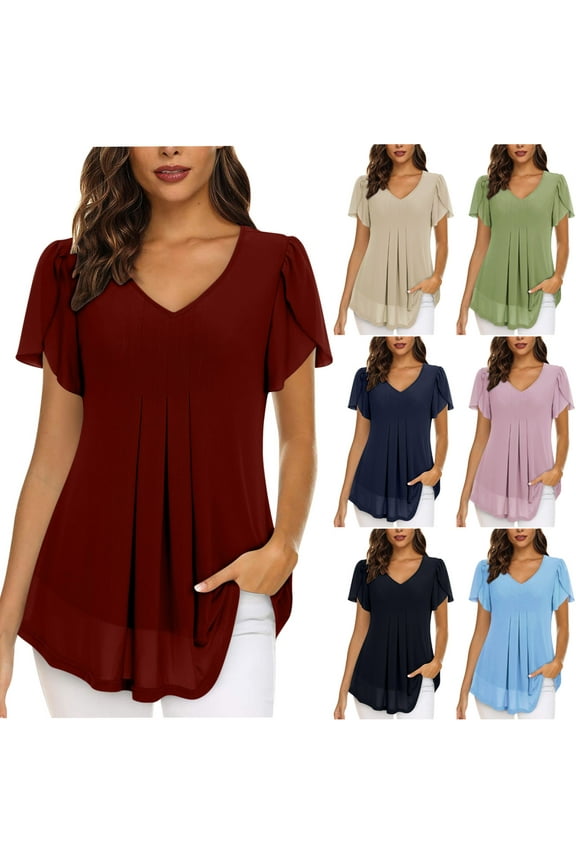 Womens Ruffle Short Sleeve Mesh Blouses Casual Pleated Tops Loose Flowy Tunics Summer Shirts Today Pink,L