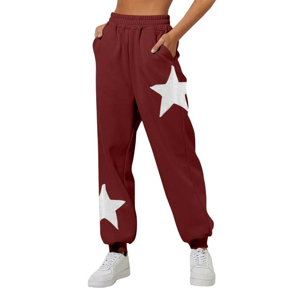 SEAOPEN Womens Star Sweatpants Drawstring Waist Causal Sporty Straight Leg Baggy Sweatpants with Pockets Wine,S