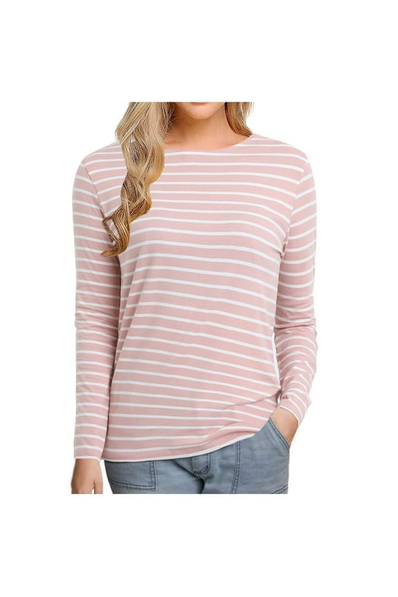 Womens Striped Long Sleeve Shirt Boat Neck Tops Nautical Loose Fit Tshirt Fall Fashion Casual Tunic Today Pink,L