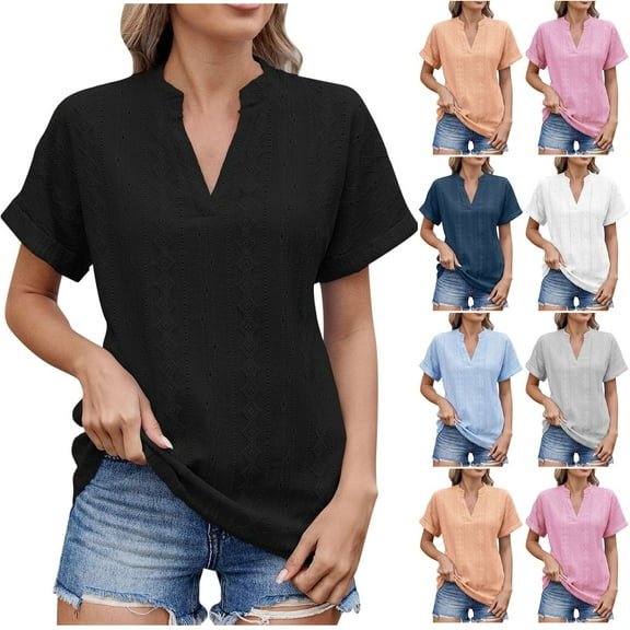 SEAOPEN Womens Summer Business Casual Blouses V Neck Short Sleeve Shirts Hollow Out Cute Lace Tops for Women Today Black,L