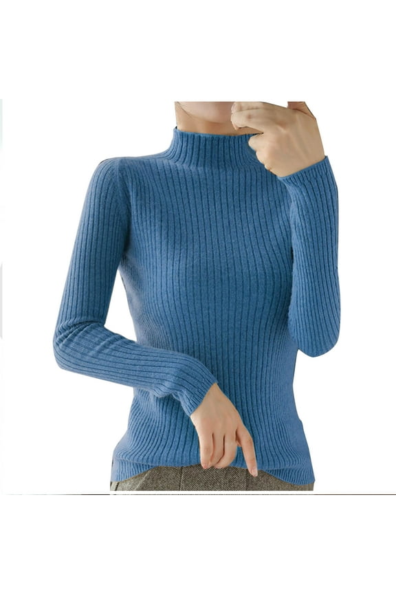 Womens Sweaters 2024 Turtleneck Cable Knit Long Sleeve Slim Fitted Basic Fall Tops Blue,S