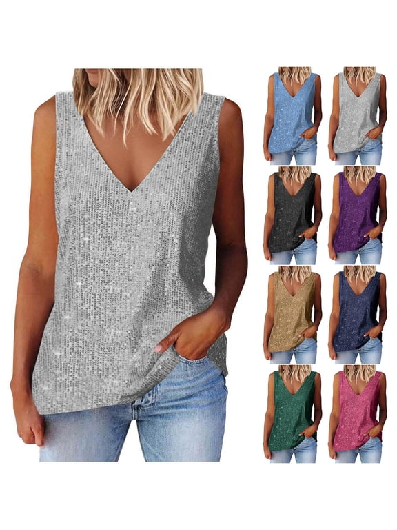 Womens Tank Tops Casual Fashion V Neck Strappy Sequin Sparkle Shimmer Camisole Sleeveless Tanks Tops Silver,XL