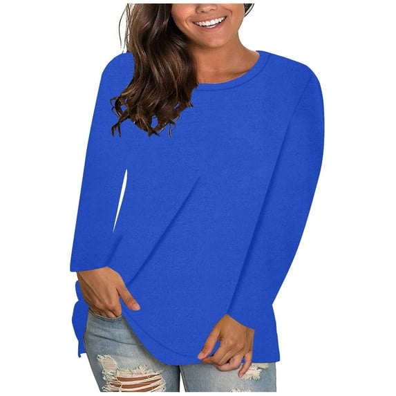 SEAOPEN Deals Womens Tops Plus Size Long Sleeve Tops Solid Color Sweatshirts Crewneck Pullover Loose T-Shirt Blouses Blue,L